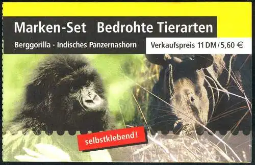 44I MH Tiere Gorilla und Nashorn, Versandstellenstempel Frankfurt 12.7.2001