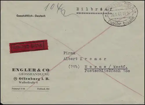 Gebühr-bezahlt-Stempel OFFENBURG (BADEN) 20.1.47 auf Eil-Brief nach Herne