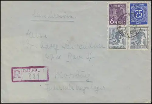 MiF Kontrollrat I+II auf R-Brief Not-R-Stempel DACHAU 18.7.47 nach Moosburg