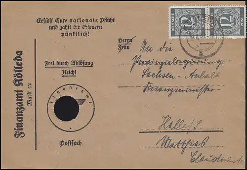 920 paragraphe 12 Pf lettre aptiquement adressée par l'administration fiscale KÖLLEDA 13.1.47 vers Halle/Saale