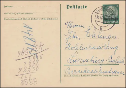 Luxemburg PK P 2 Hindenburg 6 Pf Kohlenhandlung ARELUX Orts-PK LUXEMBURG-Tages-O