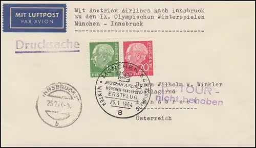 Premier vol Munich-Innsbruck Winterolympiade 25.1.1964 DS Heuss-ZD W 21+ Olympia-O