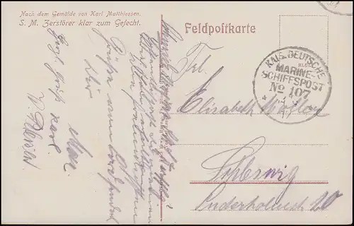 DEUTSCHE MARINE-SCHIFFSPOST No 107 - 1917 SMS Derfflinger auf Feldpostkarte
