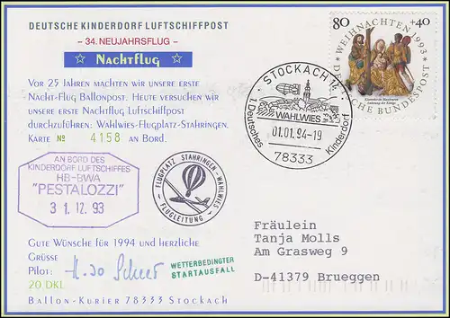 Luftschiffspost DKL 20 PESTALOZZI Neujahrsflug / Nachtflug STOCKACH 1.1.1994