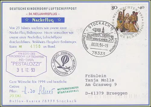 Poste aérien DKL 20 PESTALOZZI Vol de Nouvel An / Vol nocturne STOCKKACH 1.1.1994