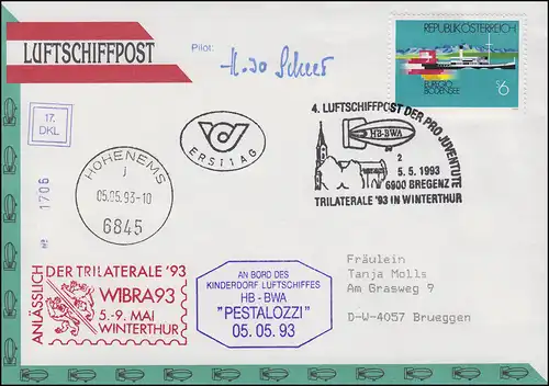 Luftschiffspost DKL 17 PESTALOZZI WIBRA93 Winterthur FDC ESSt Bregenz 5.5.1993