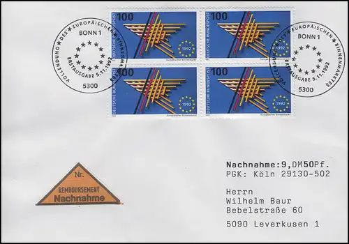 1644 Europäischer Binnenmarkt, Viererblock MeF NN-FDC ESSt Bonn Sterne 5.11.1992