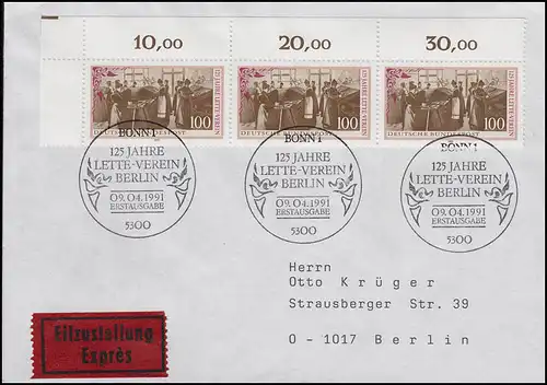 1521 Lette-Verein, ER-3er-Strasse MeF Eil-FDC ESSt Bonn 9.4.1991