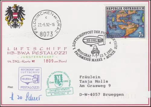 Luftschiffspost DKL 14 PESTALOZZI Pro Juventute GRAZ Messe Marke+Münze 22.5.1992