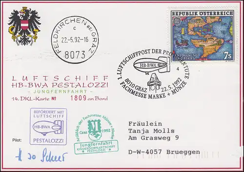 Poste de dirigeable DKL 14 PESTALOZZI Pro Juventute GRAZ Foire Marque + Münze 22.5.1992