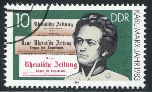 2783 Karl Marx 10 Pf mit PLF gebrochene Striche im Z, Feld 24 und 88, gestempelt