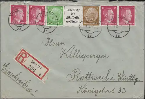 Hindenburg-ZD W 74 aus Einheitsgeberstreifen mit Zusattzfr. R-Brief WIEN 1.2.43