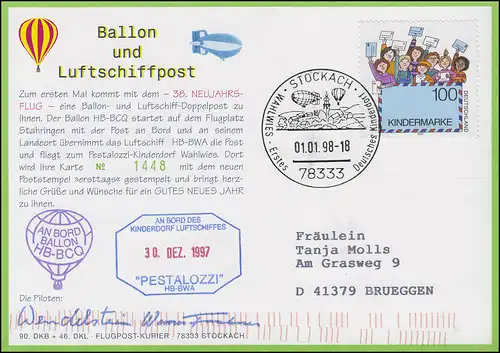 Luftschiffspost DKL 46 HB-BCQ und PESTALOZZI 38. Neujahrsflug STOCKACH 1.1.1998