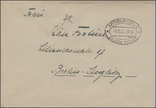 Gebühr-bezahlt-Stempel OFFENBURG (BADEN) 8.10.1947, Brief nach Berlin-Steglitz