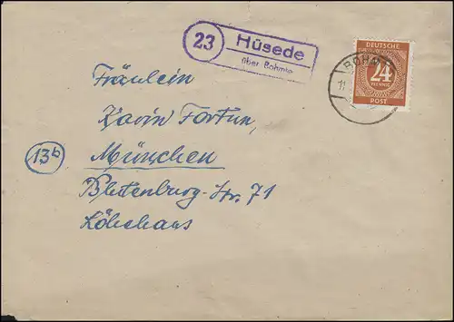 Landpost Hüsede sur BOHMTE 11.2.1947 avec 925 chiffre comme lettre EF à Munich