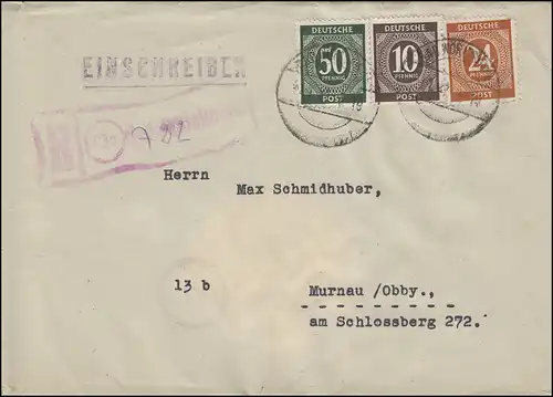 925ff Ziffern-MiF Not-R-Stempel 13a Bad Wörishofen 2.1.1947 nach MURNAU 5.1.47