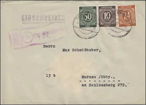 925ff chiffres-MiF Not-R-Stempel 13a Bad Wörishofen 2.1.1947 vers MURNU 5.1.47