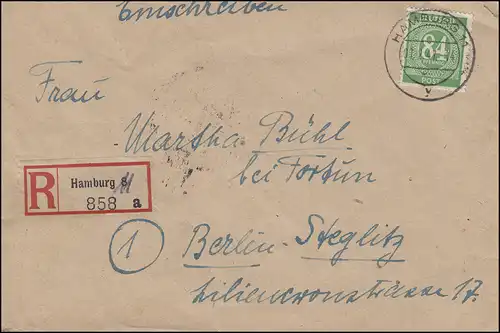 936 Ziffer 84 Pf. EF Not-R-Zettel 11 statt 8, HAMBURG 11 - 7.2.1947 nach Berlin 