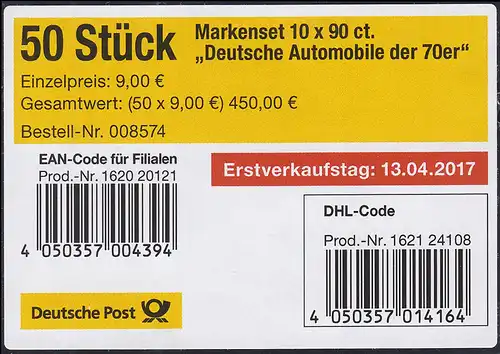 FB 66 Automobile: VW Golf und Opel Manta, Folienblatt-BANDEROLE mit DHL-Code