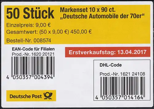 FB 66 Automobiles: VW Golf et Opel Manta, BANDEROLE de feuille avec code DHL