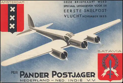 Postkarte PANDER POSTJAGER als Flugpost PELIKAAN BANDOENG 26.12.1933 n. Haarlem