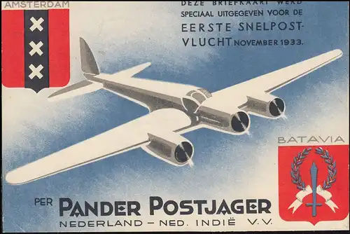KLM-Flugpost Postjager/Pelikaan Amsterdam-Bandoeng 9.12. ab DEN HAAG 8.12.1933