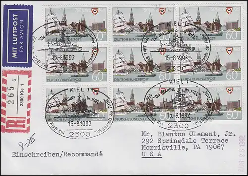 1598 Kiel MeF Airpost-R-Lettre SSt Kienne La Marine à Kiels 15.8.1992 aux États-Unis