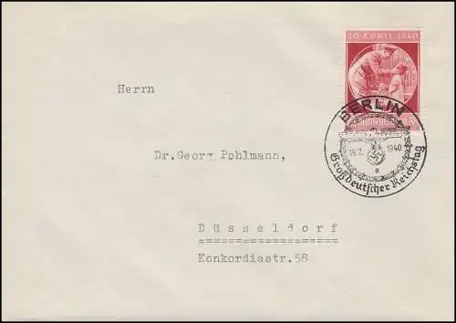 744 Anniversaire sur lettre avec SSt BERLIN Grand Reichstag allemand 19.7.40