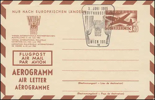 Autriche Lettre postale aérienne LP 9 édition spéciale WIPA 1965 s'adapte SSt 3.6.65