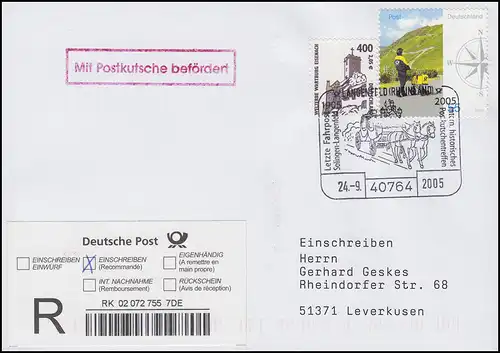 Post-Cutcherpost: R-Brief SSt Langenfeld/Rheinland Postkutche 24.9.2005