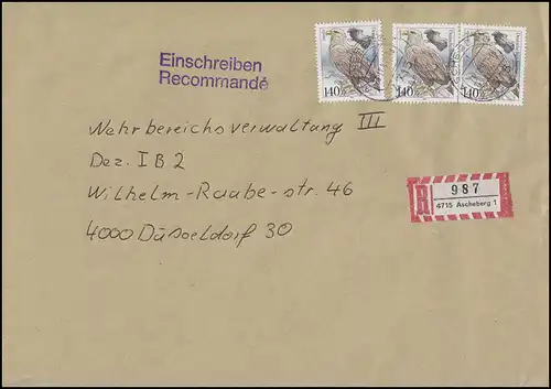 1542 Tierschutz Seevögel Seeadler 3x 140 Pf. MeF auf R-Brief ASCHEBERG 23.12.91