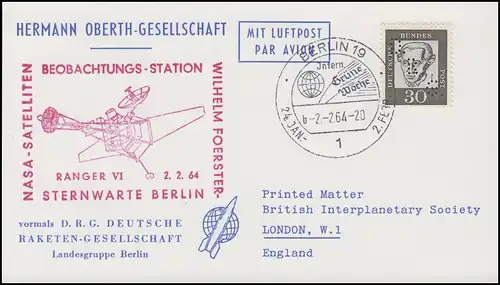 Hermann-Oberth-Gesellschaft 354y Kant, Lochung DRG auf PK SSt BERLIN 2.2.64