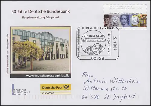 Deutsche Bundesbank & Administration, édition 600. Bf SSt Frankfurt/M Euro 22.9.07