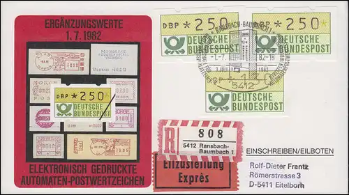 1.1  ATM-Ergänzungswerte 2mal 250 + 130 Pf auf Eil-R-Schmuck FDC ESSt 1.7.1982