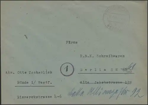 Gebühr-Bezahlt-Stempel Brief Bünde/Westfalen 12.11.45 nach Berlin