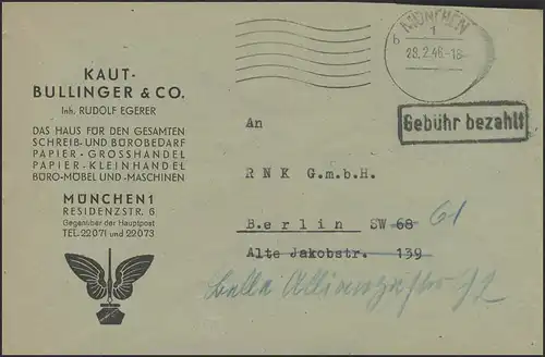 Templier payant Lettre aptisé Tampon Munich 28.2.46 à Berlin