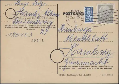 182x Heuss 8 Pf mit Notopfer als EF auf Orts-Postkarte HAMBURG 27.7.55