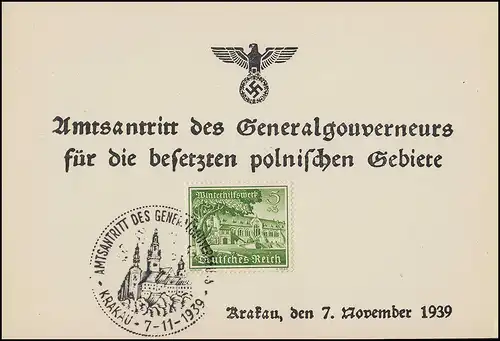 Erinnerungskarte Amtsantritt des Generalgouverneurs SSt KRAKAU 7.11.1939