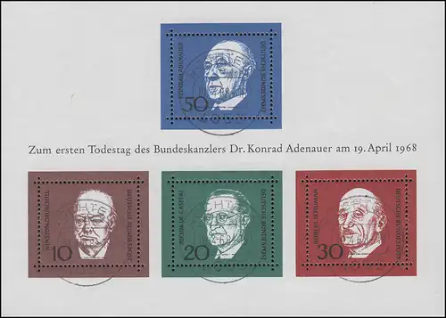 Block 4 Konrad Adenauer 1968 mit 4 zentrischen ET-O Stempel SÜCHTELN 19.4.68