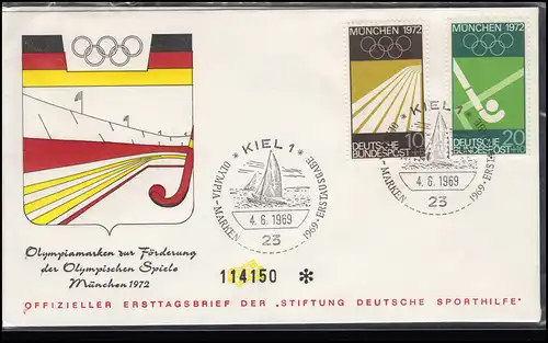 587-590 Olympia München: Satz Sporthilfe-FDC ESSt KIEL Segelschiff 4.6.1969