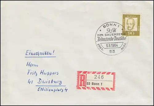 360 Franz Oppenheimer en tant qu'EF sur R-FDC ESSt Bonn Important Allemand 3.8.1964