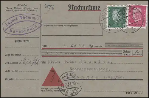 412+424 Ebert+Hindenburg 8+15 Pf MiF Nachnahmekarte RAVENSBURG 17.2.31 n. Wangen