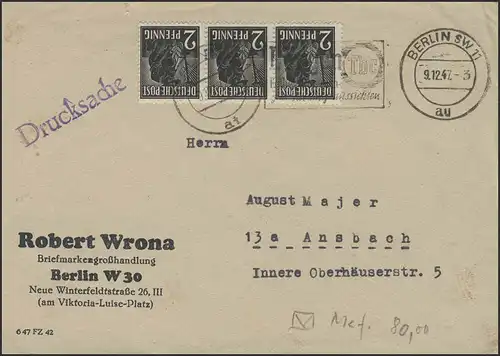 963 Pflanzer 2 Pf. Dreierstreifen als MeF auf Drucksache Berlin 9.12.1947