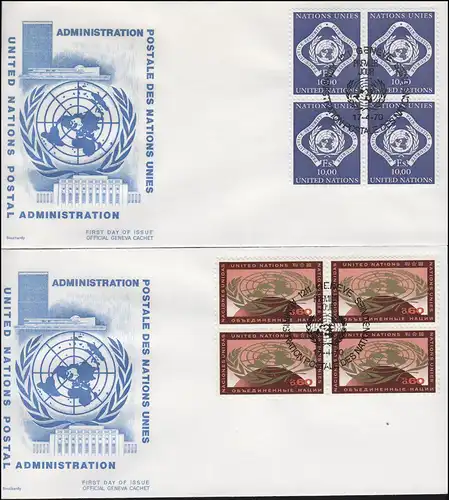 UNO Genf 9-10 Freimarken je als Viererblock, Satz auf 2 Schmuck-FDC GENF 1970