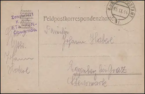 Poste de terrain de 4 secondes K.u.K. Haut commandement des étapes sur PK K,u,K FELDPOSTAMT 15.9.14