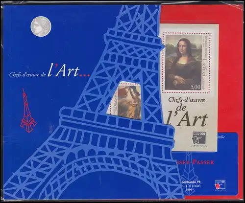 Frankreich Block 20 PHILEXFRANCE 1999 im Folder: Eifelturm Paris, ** postfrisch