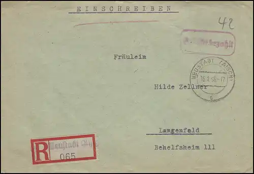 Gebühr-bezahlt-Stempel R-Bf Not-R-Zettel NEUSTADT / AISCH 16.1.46 n. Langenfeld