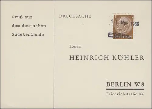 Sudettenland 1938: Imprimer Sache der Zweizeier "11 nov. 19 38 / Eidlitz" à Berlin