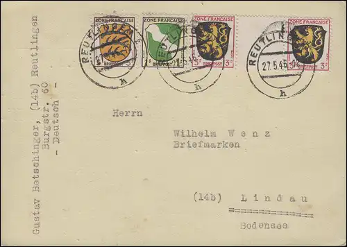 2 ZW Wappen-Zwischenstegpaar 3 Pf mit 1+3 auf Postkarte REUTLINGEN 27.5.46