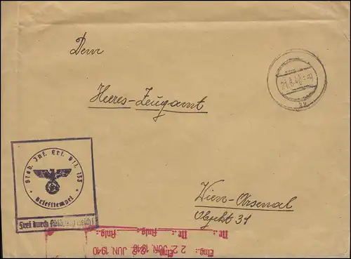 Poste de service de la Wehrmacht Stab Inf. Ers. Bt 133 Stamp 21.6.40 n. Vienne
